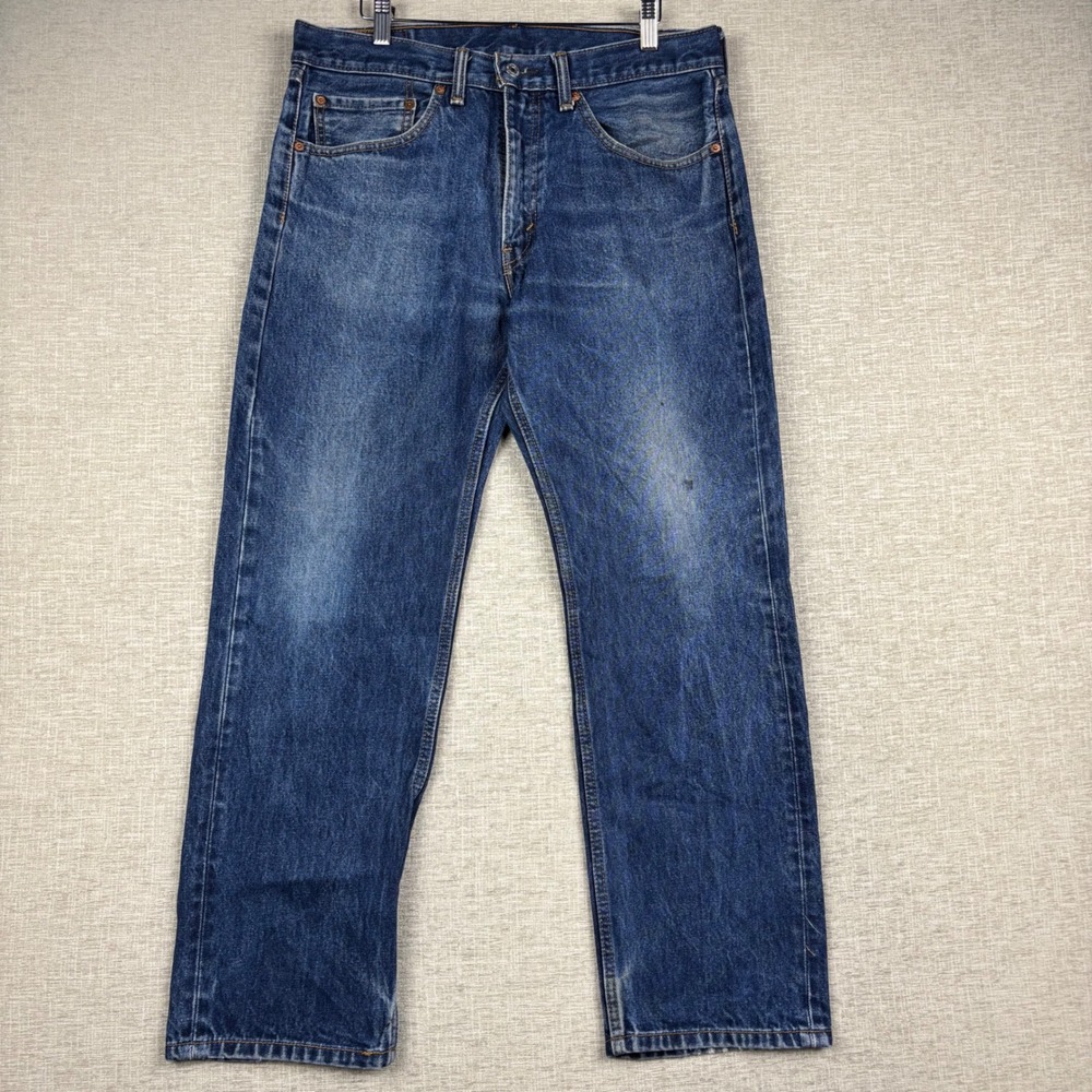 Levis 505 Mens 34x29 Jeans Medium Dark Washed Denim Grungy Low Knee Fading